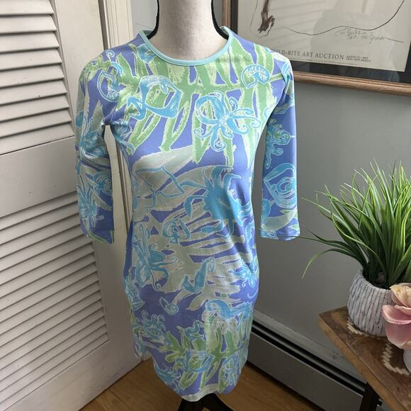 ANA CLARE Dress Womens XS Blue Green Mini Sheath Jersey Stretch Preppy Party - Picture 1 of 9